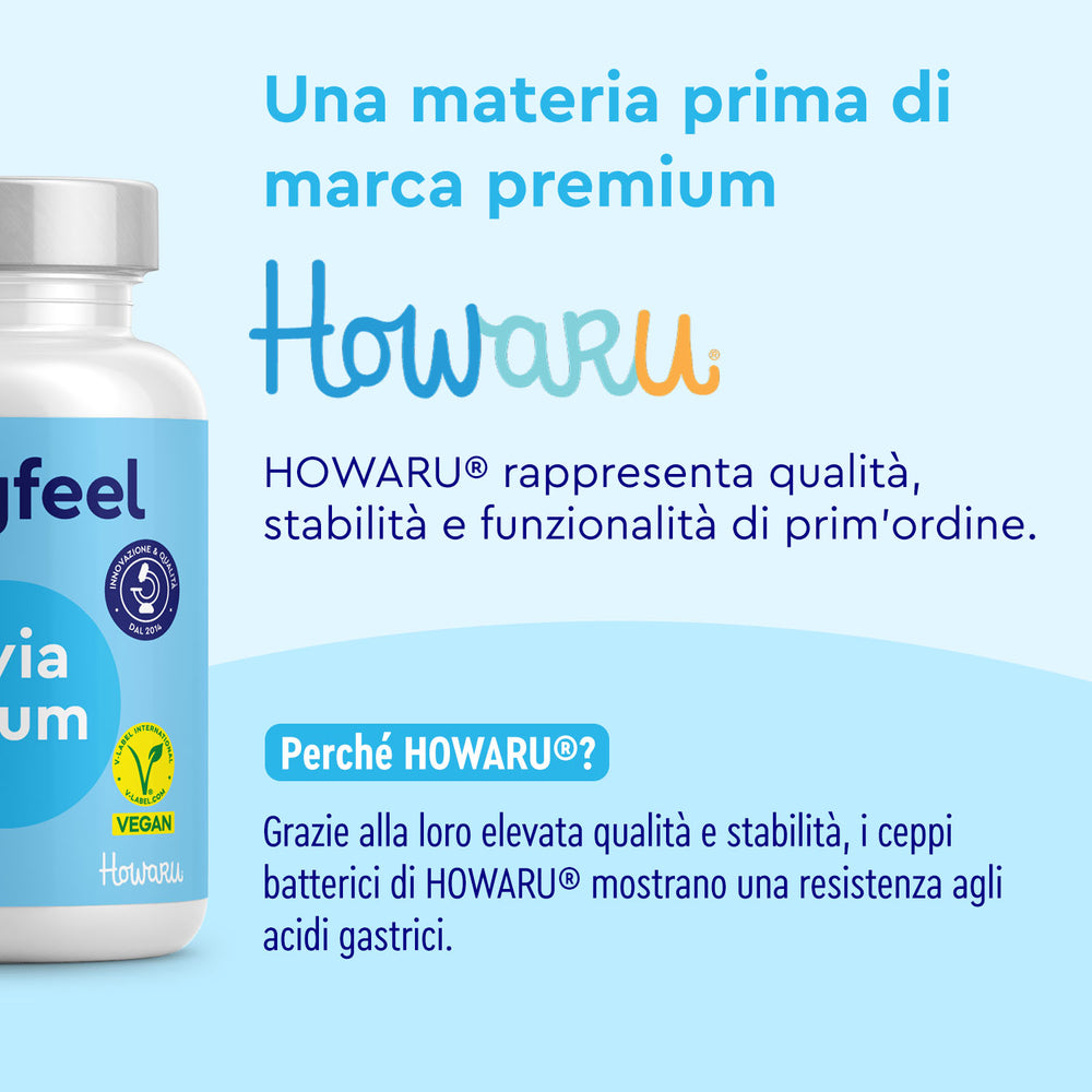 Una bottiglia di Probiotici Premium Howaru di gloryfeel Italia è affiancata da un testo che ne promuove la qualità premium, la stabilità e la resistenza agli acidi; presenta icone vegane e premium.