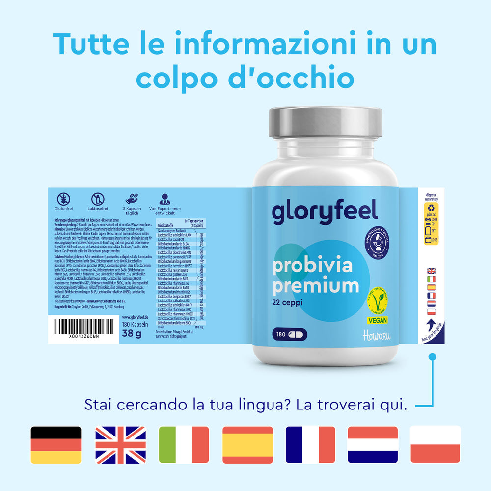 Una bottiglia di Probiotici Premium Howaru di gloryfeel Italia viene mostrata con la sua etichetta italiana, mentre le bandiere linguistiche appaiono sotto per ulteriori informazioni.