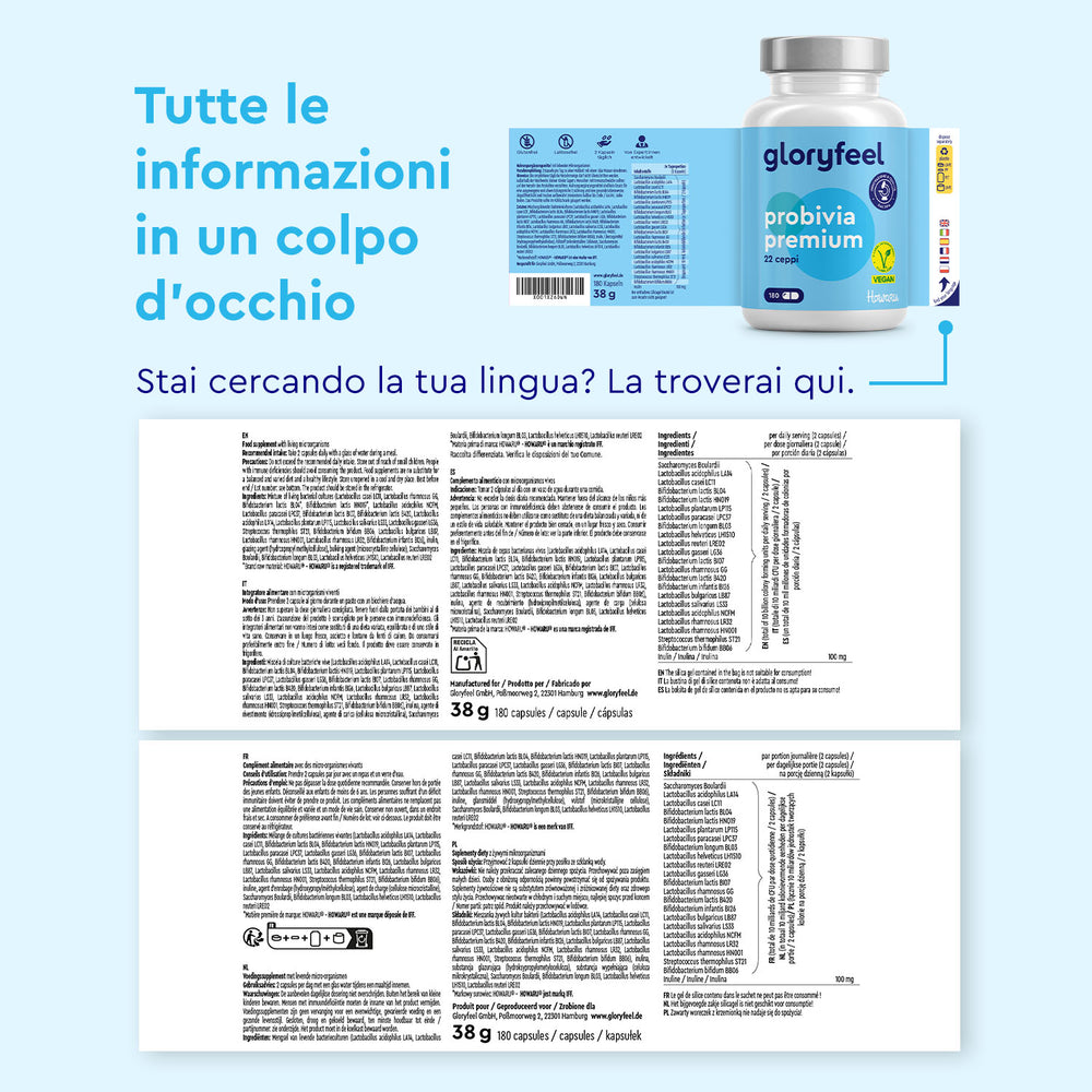 Immagine di un flacone di gloryfeel Italia Probiotici Premium Howaru con le schede multilingue degli ingredienti e dell&