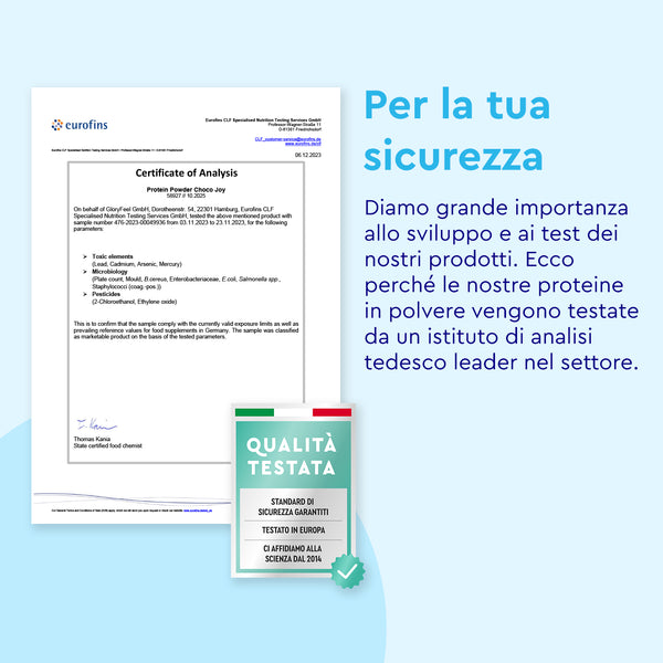 Il Certificato di Analisi di Eurofins per Proteine in polvere Choco Joy di GloryFeel GmbH Italia include un paragrafo di garanzia della sicurezza in italiano, che evidenzia i test effettuati da un importante istituto tedesco, e presenta un&