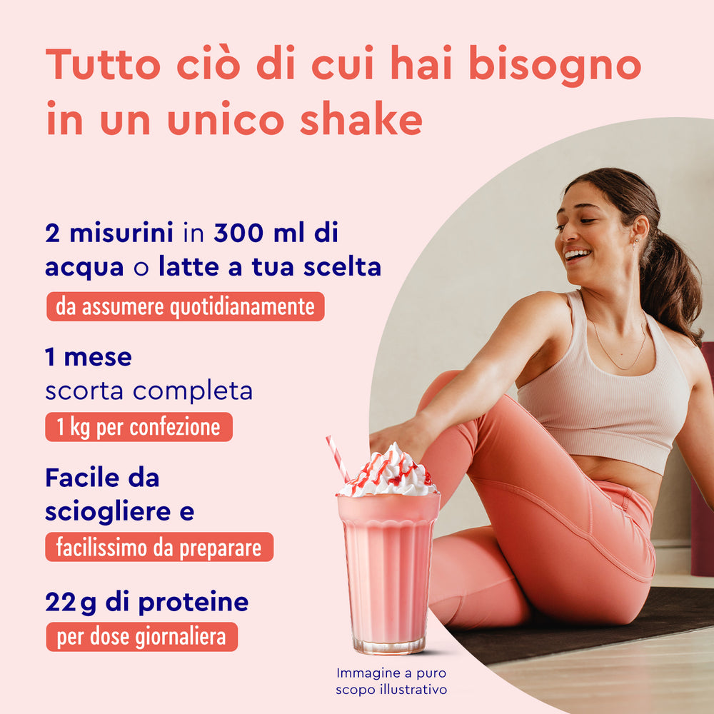 Donna su un tappetino da yoga, sorridente, con testo che promuove &quot;Proteine in polvere alla fragola Berry Joy&quot; di Gloryfeel Italia, sottolineando la facilità d&