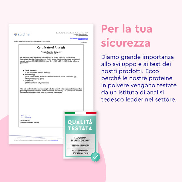 Primo piano del &quot;Certificato di analisi&quot;, con testo che evidenzia l&