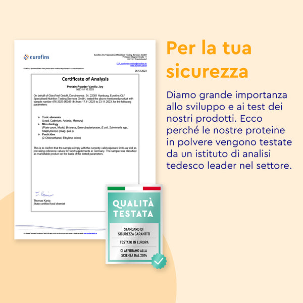 A sinistra è mostrato un certificato di analisi; a destra è mostrata la scatola Proteine in polvere Vanilla Joy di GloryFeel GmbH Italia. Il testo italiano descrive la sicurezza del prodotto e i test effettuati da un importante istituto tedesco.