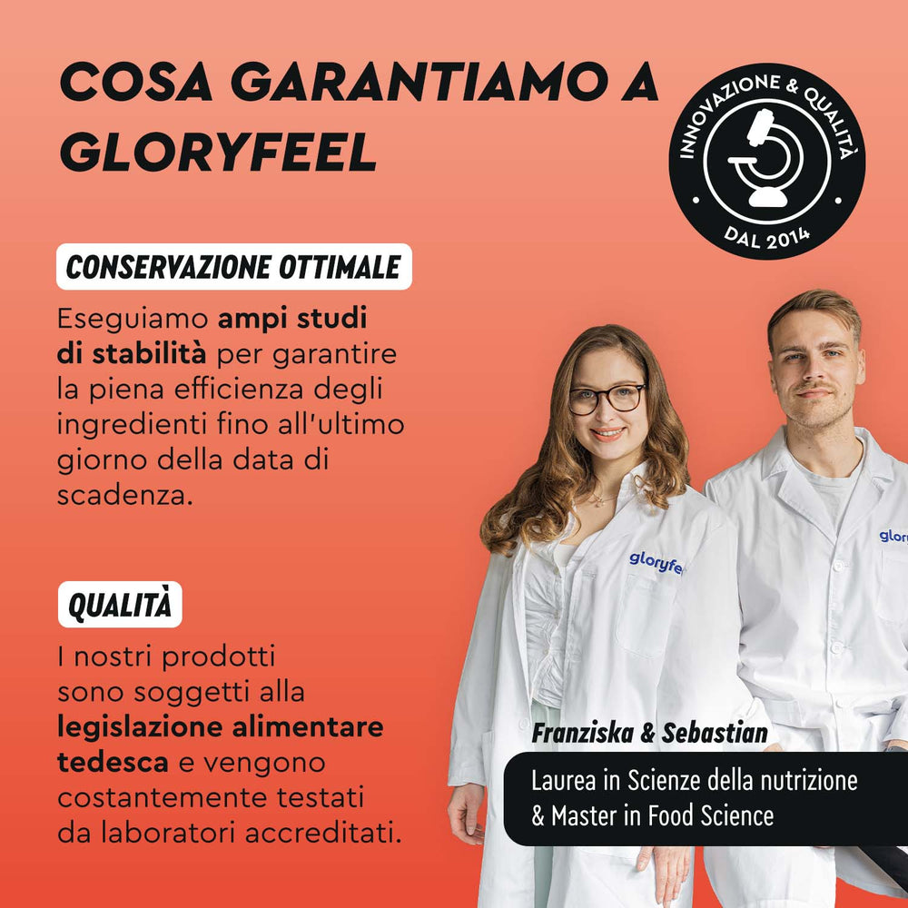 Testo italiano che promuove Caffeina + L-Teanina di gloryfeel Italia, raffigurante un uomo e una donna in camice da laboratorio. Il badge recita &quot;Innovazione &amp; Qualità dal 2014.