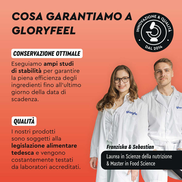 Testo italiano che promuove Caffeina + L-Teanina di gloryfeel Italia, raffigurante un uomo e una donna in camice da laboratorio. Il badge recita &quot;Innovazione &amp; Qualità dal 2014.
