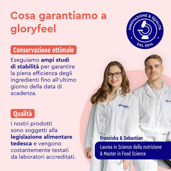 Immagine che illustra gli standard qualitativi di gloryfeel Italia per Astaxantina con vitamina E, con due persone in camice e testo in italiano sulla conservazione ottimale e sul rispetto della qualità.