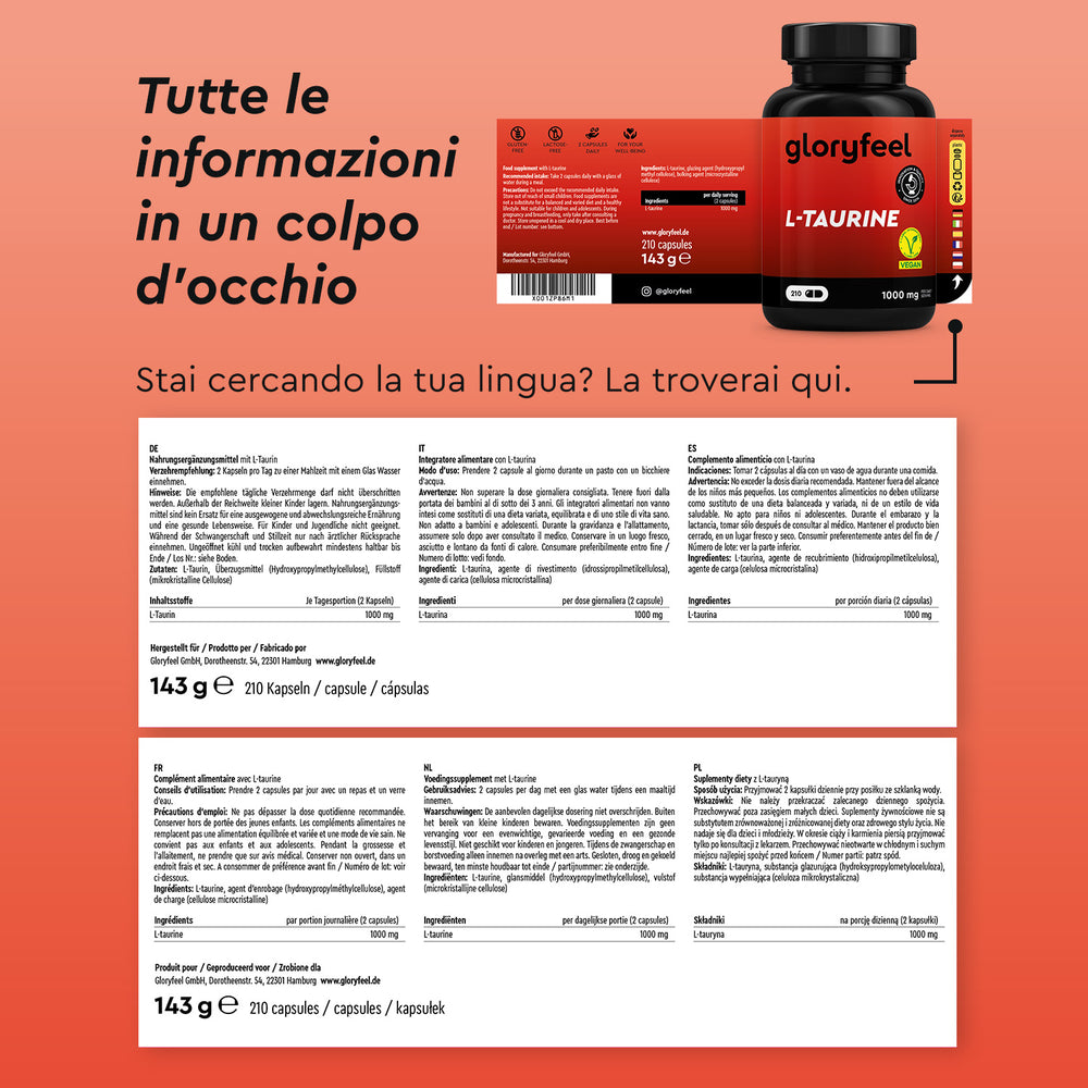 La confezione e il foglietto illustrativo di Taurina in capsule di Gloryfeel Italia riportano informazioni sul prodotto in diverse lingue, tra cui ingredienti, dosaggio e altro. Lo sfondo è arancione con testo promozionale.