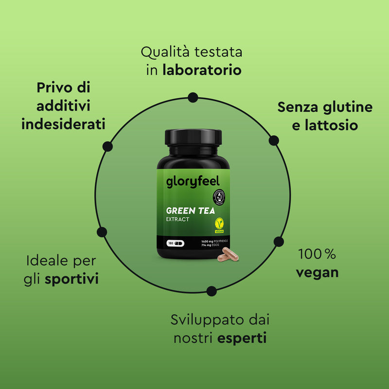 Le "Capsule di estratto di tè verde" di gloryfeel Italia sono disponibili in una bottiglia verde con la scritta in italiano che sottolinea i test di laboratorio, senza additivi, glutine e lattosio. Sono ideali per gli atleti, vegane e sviluppate da esperti.