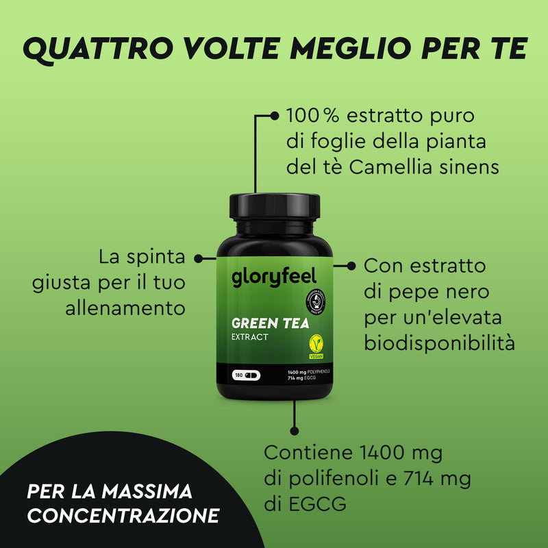 La capsula di estratto di tè verde di gloryfeel Italia contiene il 100% di Camellia sinensis, fornisce 1400 mg di polifenoli e 714 mg di EGCG, contiene pepe nero per una maggiore biodisponibilità e supporta gli allenamenti.
