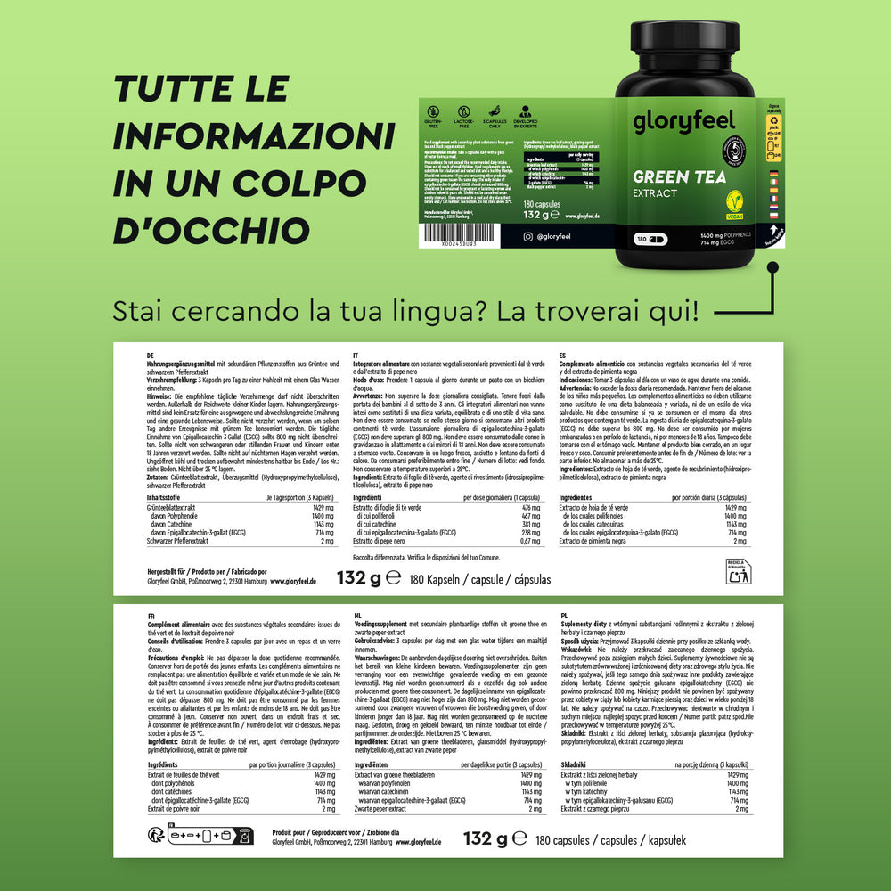 La bottiglia Capsule di estratto di tè verde di Gloryfeel Italia presenta dettagli degli ingredienti multilingue su uno sfondo verde con il testo: &quot;Tutte le informazioni in un colpo d&