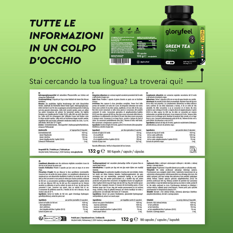 La bottiglia Capsule di estratto di tè verde di Gloryfeel Italia presenta dettagli degli ingredienti multilingue su uno sfondo verde con il testo: "Tutte le informazioni in un colpo d&