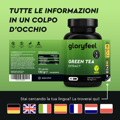 Una bottiglia verde di "Capsule di estratto di tè verde" di gloryfeel Italia. Etichettata in italiano con icone per vegano, contenuto di tè verde e bandiere linguistiche.