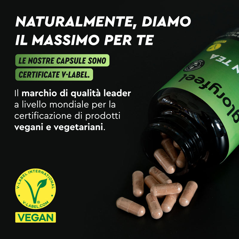 La capsula di estratto di tè verde di gloryfeel Italia si rovescia su una superficie scura, promuovendo la certificazione per prodotti vegani e vegetariani con il logo V-Label.