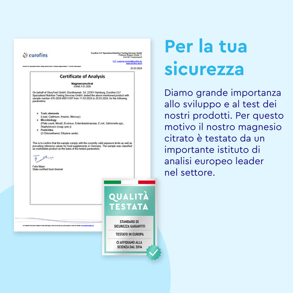 Il certificato di analisi Eurofins per le capsule di Magnesio Dicitrato di gloryfeel Italia include testo in italiano sulla sicurezza del prodotto e sui test del magnesio, con l&