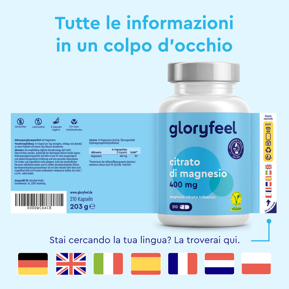 Flacone di Magnesio Dicitrato in capsule di gloryfeel Italia, con etichetta blu con testo in italiano. Le bandiere rappresentano opzioni multilingue per questo integratori alimentari, migliorando la salute e promuovendo una dieta equilibrata.