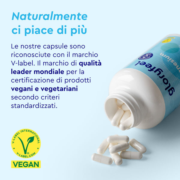 Il Magnesio Dicitrato in capsule di gloryfeel Italia è certificato vegano e vegetariano dal Ministero della Salute. Il marchio V assicura che questo integratore alimentare supporta una dieta equilibrata, con capsule visibilmente aperte e sparse.