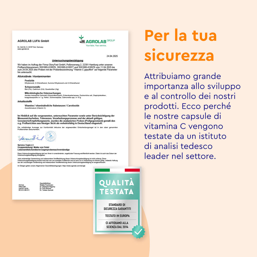 Accanto al testo in italiano è riportato un certificato di AGROLAB UFA GmbH che descrive i test di qualità e sicurezza effettuati sulla Capsule di Vitamina C Tamponata di gloryfeel Italia in un laboratorio tedesco.