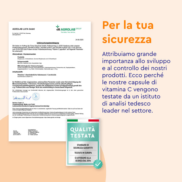 Accanto al testo in italiano è riportato un certificato di AGROLAB UFA GmbH che descrive i test di qualità e sicurezza effettuati sulla Capsule di Vitamina C Tamponata di gloryfeel Italia in un laboratorio tedesco.