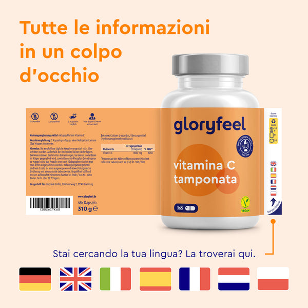 Una bottiglia di Capsule di Vitamina C Tamponata di gloryfeel Italia, con etichetta in italiano, è esposta accanto a bandiere in più lingue e informazioni dettagliate sul prodotto sulla confezione.