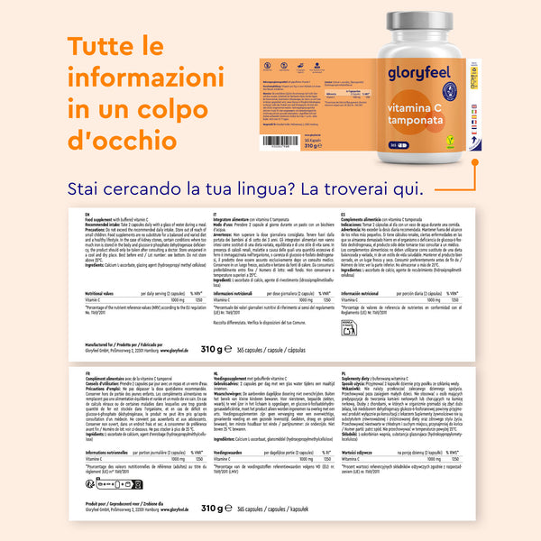 Immagine del prodotto Capsule di Vitamina C Tamponata di gloryfeel Italia, con etichetta, ingredienti dettagliati e istruzioni per l&