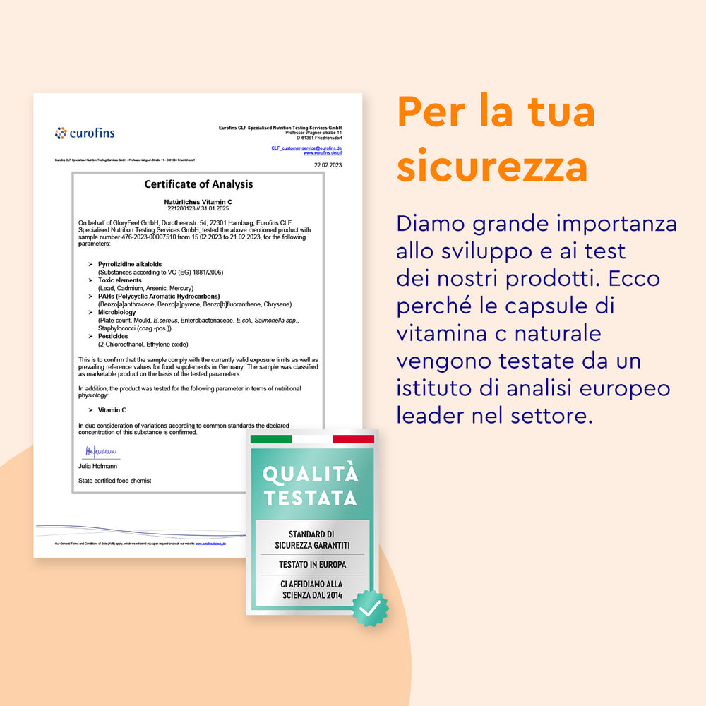 Certificato di qualità vitamina C Naturale gloryfeel
