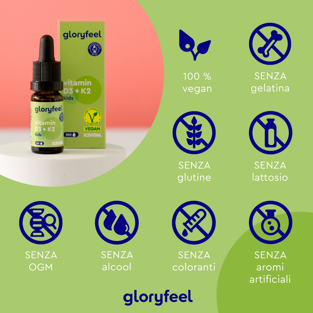 La bottiglia Gloryfeel Italia Vitamina D3 K2 Gocce Kids presenta icone vegane ed è priva di gelatina, glutine, lattosio, OGM, alcol, coloranti e aromi artificiali: ideale per supportare il sistema immunitario con qualità ed etica intatte.