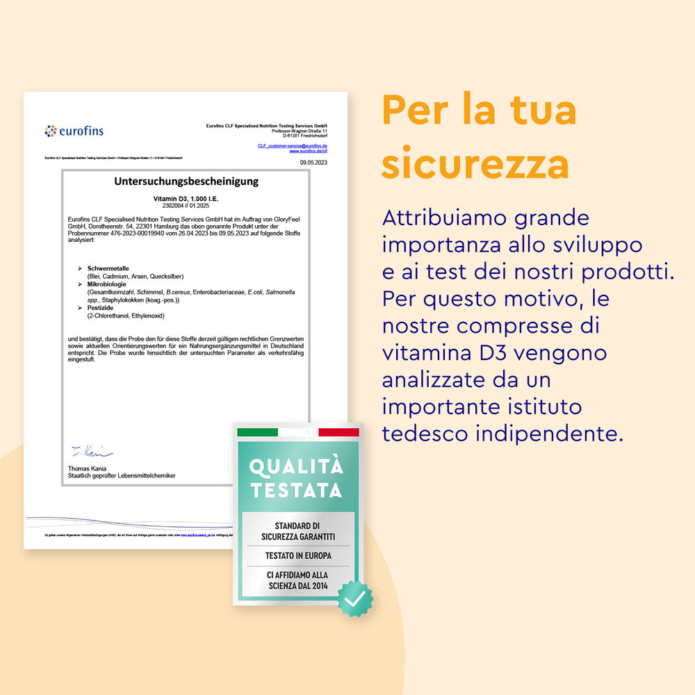 Accanto alla pubblicità di gloryfeel Italia Vitamina D3 1000 U.I. compare un documento di certificazione tedesco che fornisce informazioni sui test indipendenti condotti da un rinomato istituto tedesco.