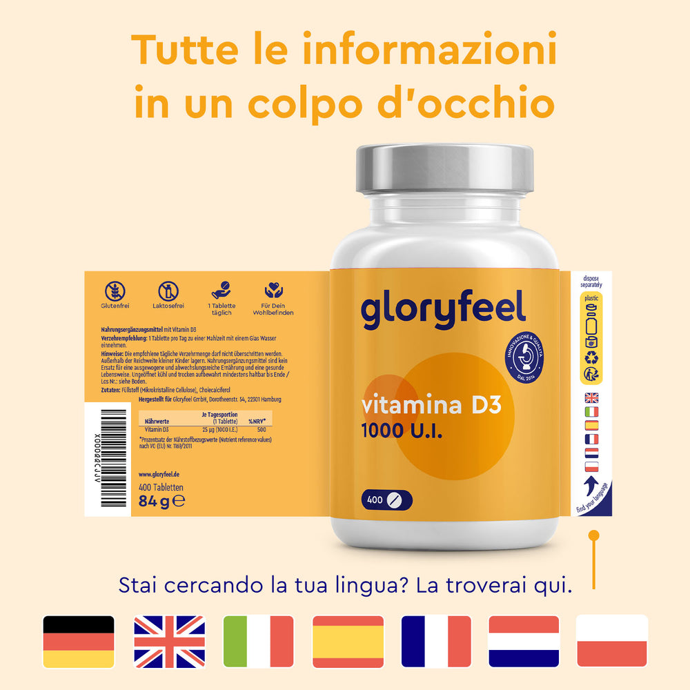Una bottiglia di Vitamina D3 1000 U.I. di gloryfeel Italia è ben esposta, con una confezione multilingue decorata con bandiere internazionali.