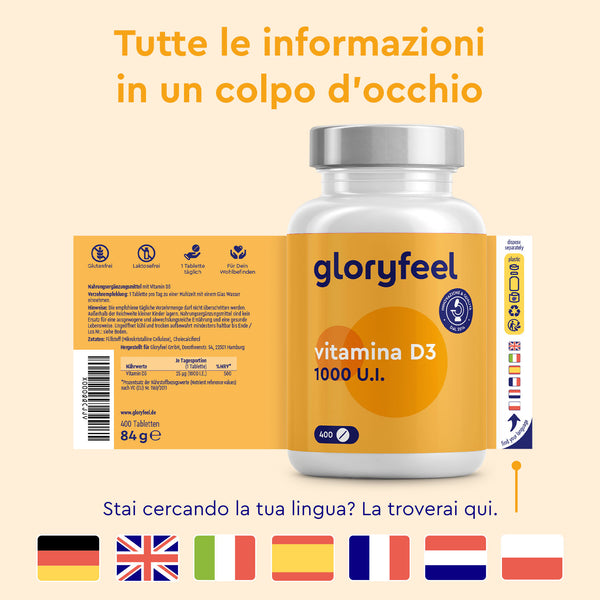 Una bottiglia di Vitamina D3 1000 U.I. di gloryfeel Italia è ben esposta, con una confezione multilingue decorata con bandiere internazionali.