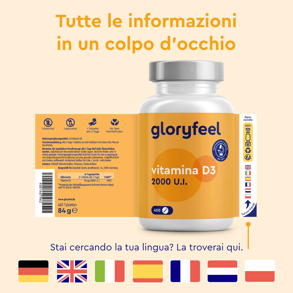 Vitamina D3 2000 U.I. di gloryfeel Italia ha testo e bandierine in italiano che indicano le opzioni di lingua: tedesco, inglese, italiano, spagnolo, francese, olandese, polacco, turco e russo. Queste etichette multilingue aiutano gli utenti a comprendere i benefici che possono migliorare il loro benessere.