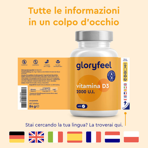 Vitamina D3 2000 U.I. di gloryfeel Italia ha testo e bandierine in italiano che indicano le opzioni di lingua: tedesco, inglese, italiano, spagnolo, francese, olandese, polacco, turco e russo. Queste etichette multilingue aiutano gli utenti a comprendere i benefici che possono migliorare il loro benessere.