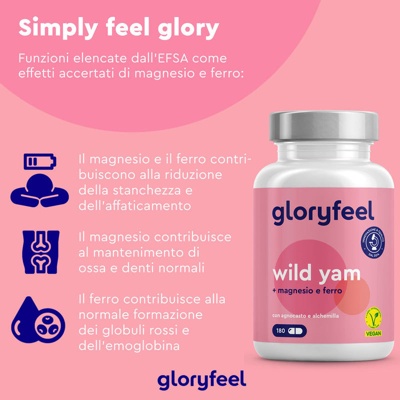 Bottiglia di "Wild yam - Igname selvatico" di gloryfeel Italia su sfondo rosa, che ne evidenzia i benefici con icone e affermazioni sulla riduzione dell&