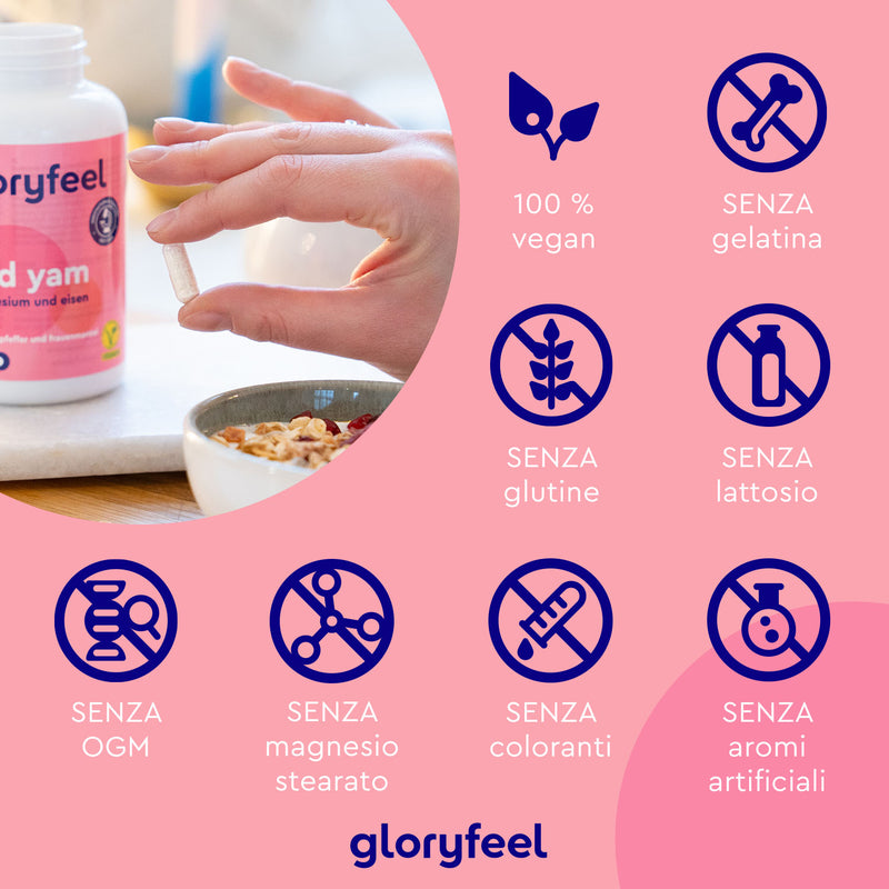 Una mano regge una capsula di integratore accanto a una bottiglia di "Gloryfeel Italia" Wild yam - Igname selvatico. Le icone evidenziano le caratteristiche: 100% vegano, senza gelatina, glutine, lattosio, OGM, stearato di magnesio, coloranti e aromi artificiali.