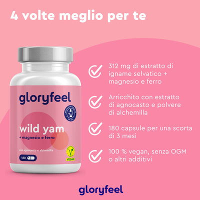 Una confezione di integratori "Gloryfeel Italia" Wild Yam - Igname Selvatico con aggiunta di magnesio e ferro, etichettati come vegani. Tra i vantaggi principali, quattro vantaggi del prodotto e una fornitura di 180 capsule per tre mesi.