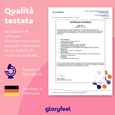 Un certificato di analisi Eurofins per l'integratore Wild Yam di Gloryfeel Italia su carta bianca conferma il controllo di qualità, i test di laboratorio e la produzione in Germania, con testo in spagnolo.