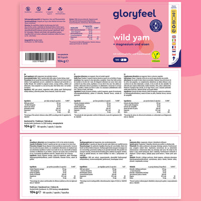 La confezione di Igname selvatico di Gloryfeel Italia include un'etichetta rosa con magnesio e ferro, che contiene 180 compresse vegane. Fornisce informazioni nutrizionali dettagliate in formato multilingue.