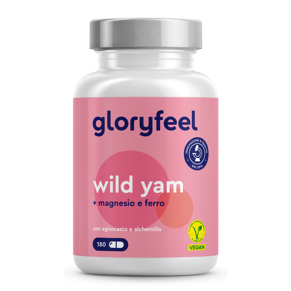 Il flacone etichettato &quot;Wild yam - Igname selvatico&quot; di gloryfeel Italia contiene 180 capsule arricchite con magnesio e ferro e reca la certificazione vegana.