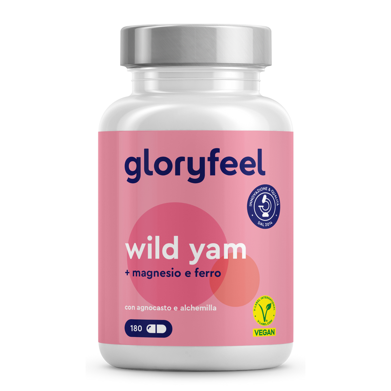 Il flacone etichettato "Wild yam - Igname selvatico" di gloryfeel Italia contiene 180 capsule arricchite con magnesio e ferro e reca la certificazione vegana.