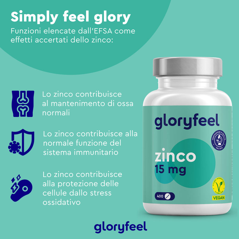 Il flacone di Zinco 15 mg in compresse di GloryFeel GmbH Italy, etichettato in italiano, favorisce il mantenimento delle ossa, il supporto immunitario e la protezione dallo stress ossidativo. Il suo design blu e verde include un logo vegano, rendendolo ideale per migliorare il sistema immunitario grazie alle proprietà antiossidanti dello zinco.