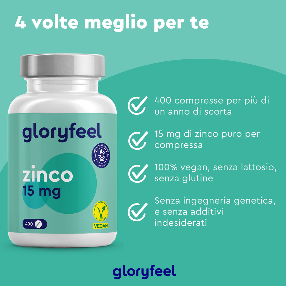 Zinco 15 mg in compresse di GloryFeel GmbH Italia contiene 400 compresse vegane da 15 mg di zinco ciascuna per rafforzare il sistema immunitario. Senza lattosio, glutine, OGM e additivi, è un&