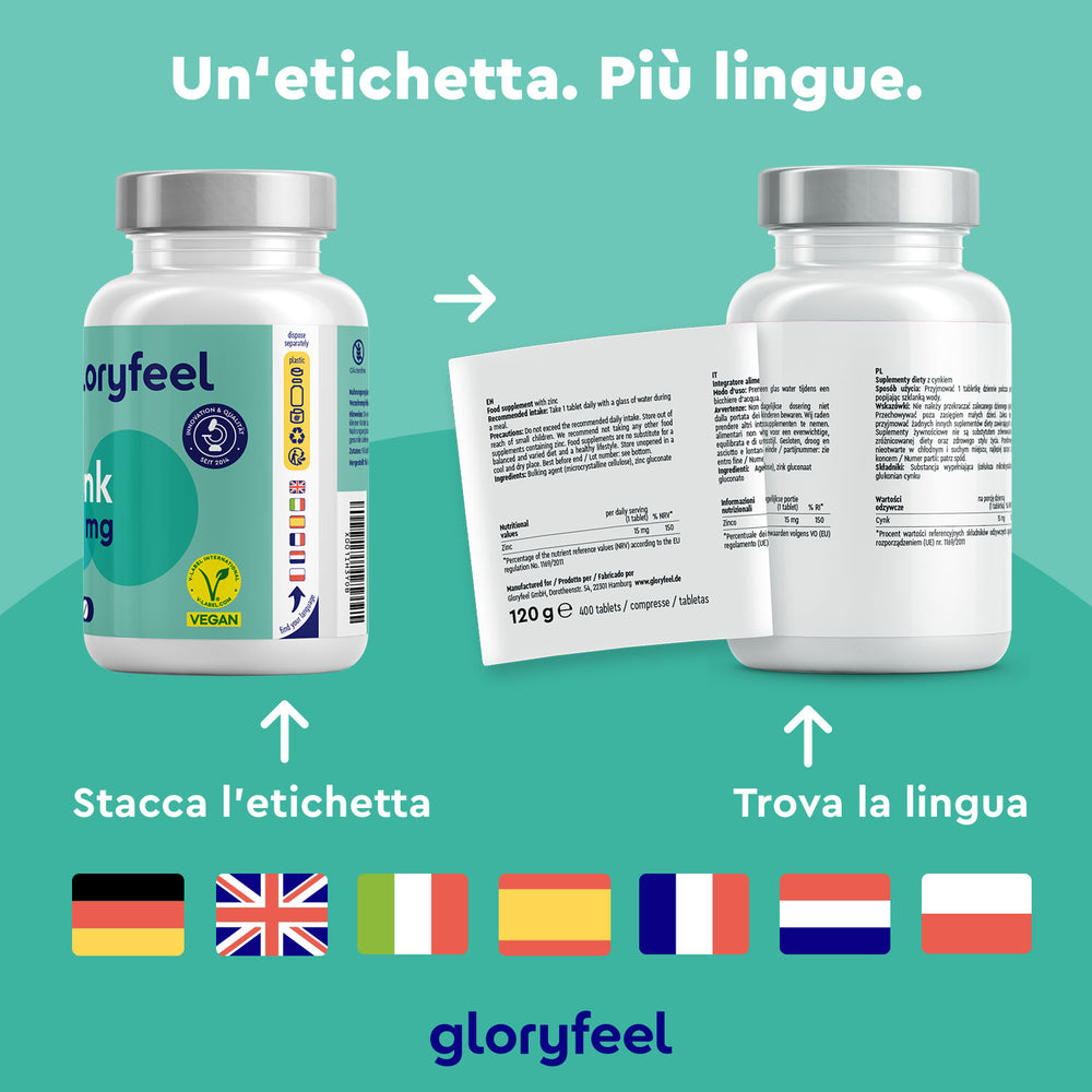 Due flaconi di integratori recano il marchio &quot;GloryFeel GmbH Italia&quot;. Il flacone a sinistra evidenzia i benefici antiossidanti, mentre quello a destra, etichettato &quot;Zinco 15 mg in compresse&quot;, sottolinea il supporto dello zinco al sistema immunitario. Sotto sono raffigurate le bandiere di diversi paesi.