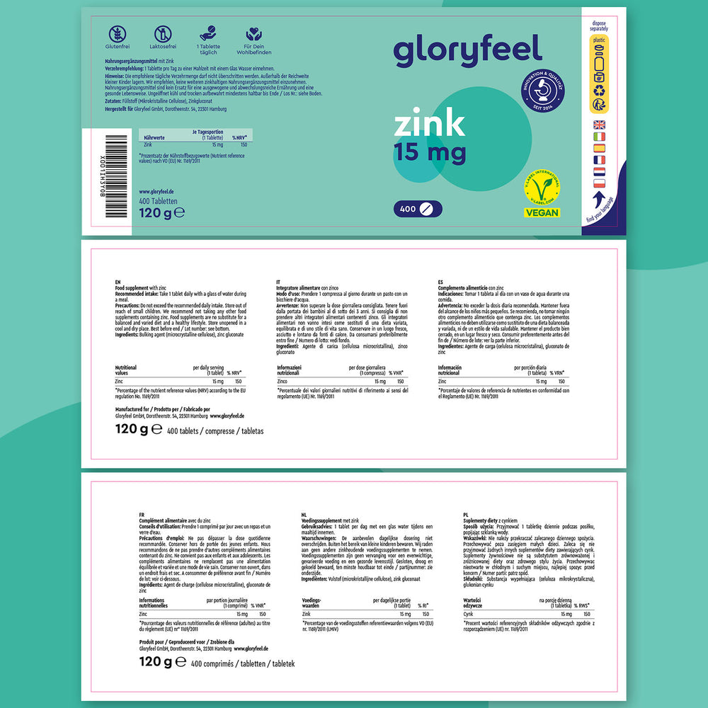 La confezione di Zinco 15 mg in compresse di GloryFeel GmbH Italia presenta un&