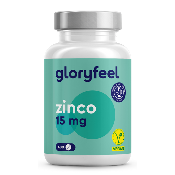 Un flacone da 400 compresse di Zinco 15 mg in compresse di GloryFeel GmbH Italia, con etichetta turchese e tappo bianco, agisce come un potente integratore alimentare antiossidante per la salute quotidiana.
