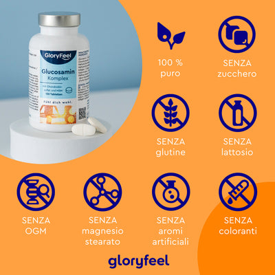 Una confezione di pillole di Glucosamina + Condroitina + MSM + Vitamina D3 di GloryFeel GmbH Italia è arricchita con MSM e presenta icone che ne evidenziano la purezza, essendo al 100% priva di zucchero, glutine, lattosio, OGM, stearato di magnesio, aromi artificiali e coloranti.