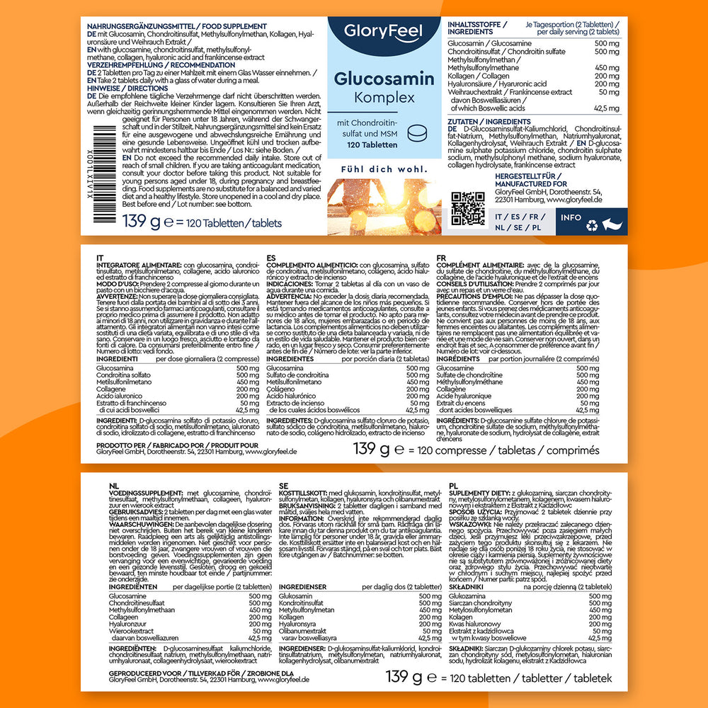 La confezione Glucosamina +Condroitina + MSM + Vitamina D3 di GloryFeel GmbH Italy contiene testo multilingue sugli ingredienti, dettagli nutrizionali tra cui acido ialuronico per il supporto delle articolazioni e istruzioni sul dosaggio. La confezione contiene 120 compresse per un peso totale di 139 grammi.