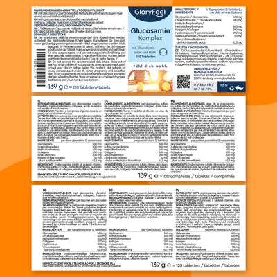 La confezione Glucosamina +Condroitina + MSM + Vitamina D3 di GloryFeel GmbH Italy contiene testo multilingue sugli ingredienti, dettagli nutrizionali tra cui acido ialuronico per il supporto delle articolazioni e istruzioni sul dosaggio. La confezione contiene 120 compresse per un peso totale di 139 grammi.