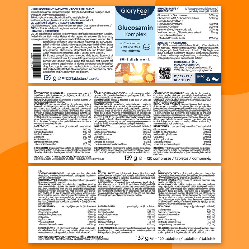 La confezione Glucosamina +Condroitina + MSM + Vitamina D3 di GloryFeel GmbH Italy contiene testo multilingue sugli ingredienti, dettagli nutrizionali tra cui acido ialuronico per il supporto delle articolazioni e istruzioni sul dosaggio. La confezione contiene 120 compresse per un peso totale di 139 grammi.